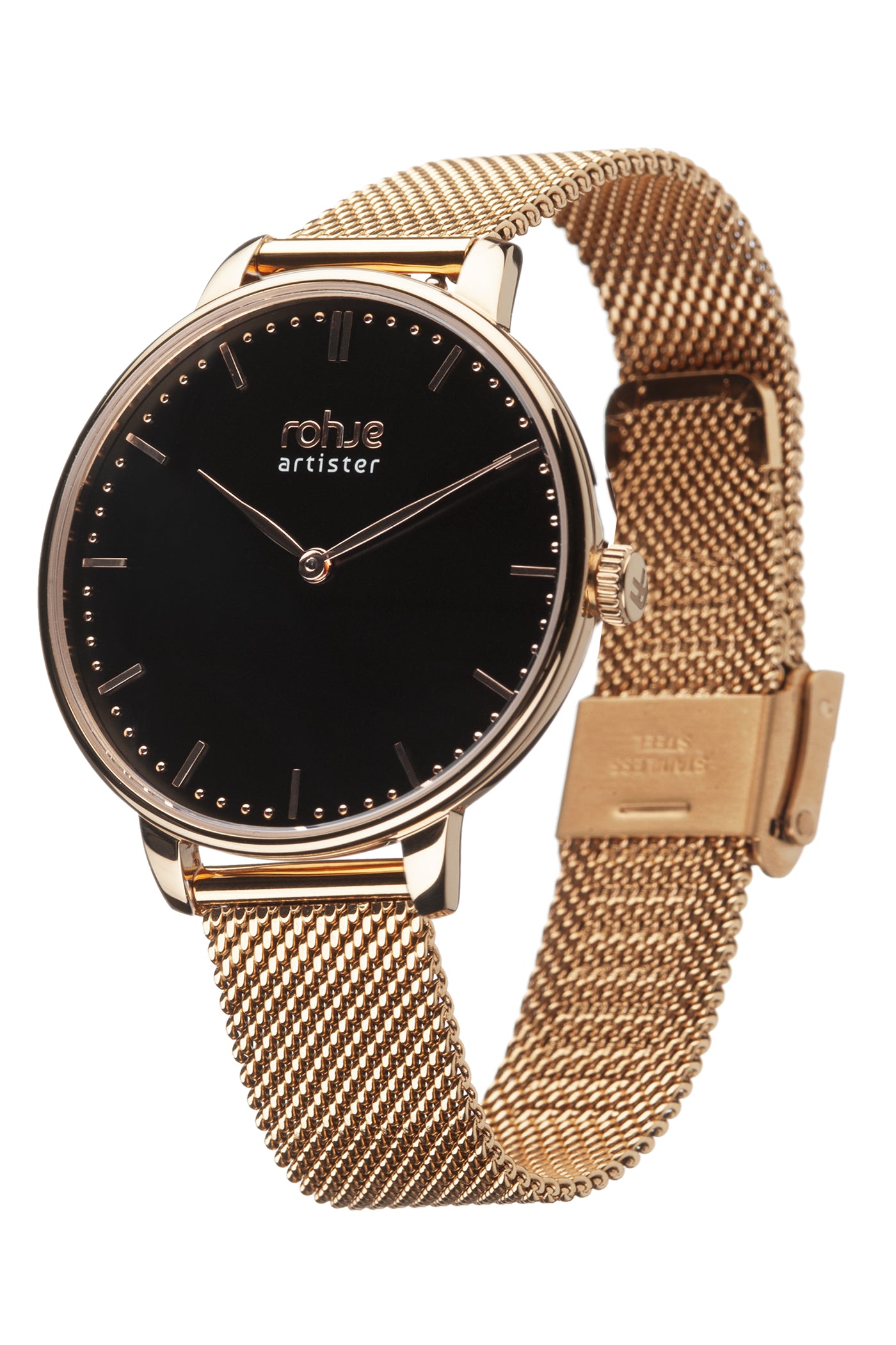 Rohje Artister Classic Black teräsrannekkeella sivulta #strap_rose-gold-mesh